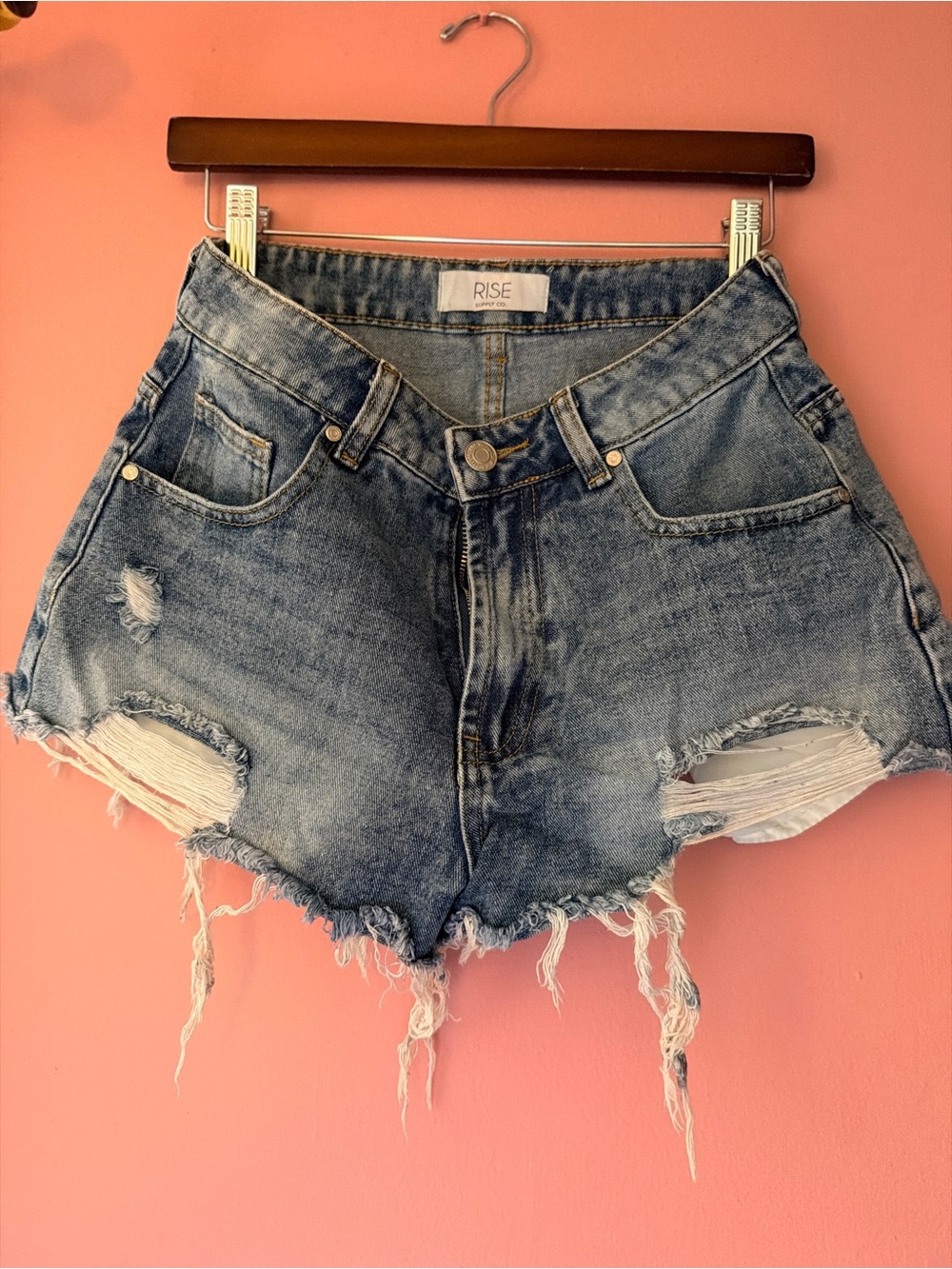 Distressed High-Rise Denim Shorts in Light Blue